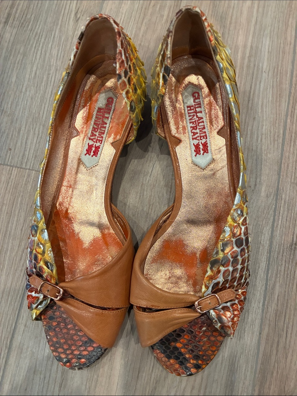 GUILLAUME HINFRAY brown Leather Flats with Multicolor Snakeskin Trim SIZE 8 - Picture 1 of 5